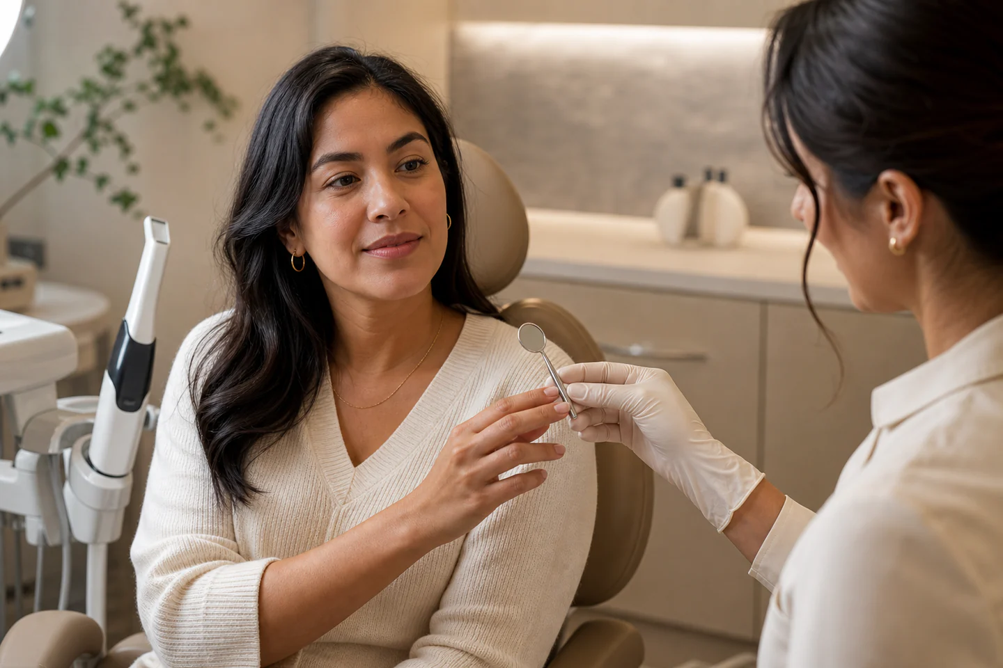 Escena clínica editorial: una odontóloga conversa con una paciente y le muestra un espejo dental junto a tecnología de escaneo